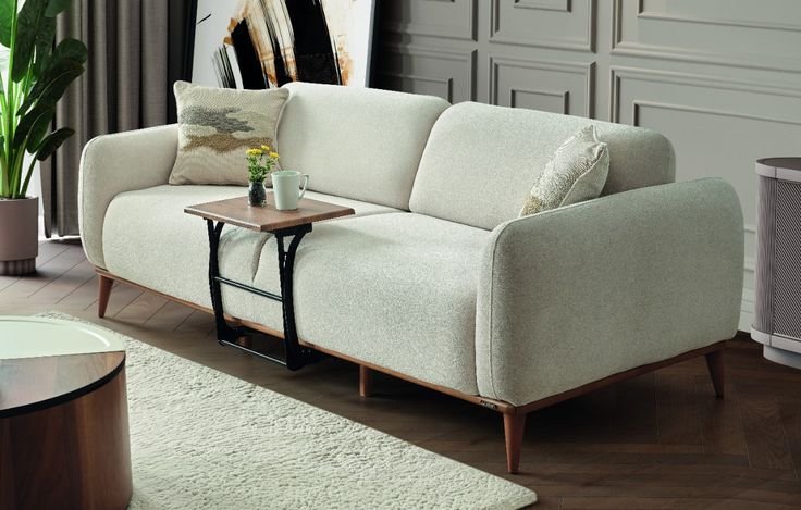 كنبة 3 مقعد خشب زان 200 سم بقماش كتان بيج