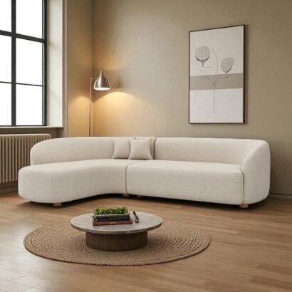 ركنة كيرف مودرن خشب زان طبيعي مقاس 280 سم × 200 سم – قماش كتان أوف وايت