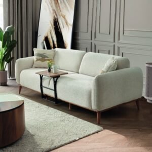 كنبة 3 مقعد خشب زان 200 سم بقماش كتان بيج