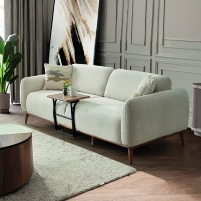 كنبة 3 مقعد خشب زان 200 سم بقماش كتان بيج