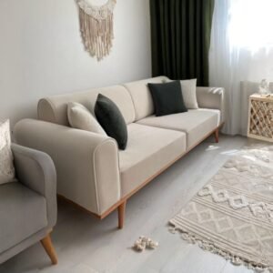 كنبة 3 مقعد خشب زان 200 سم بقماش قطيفة بيج