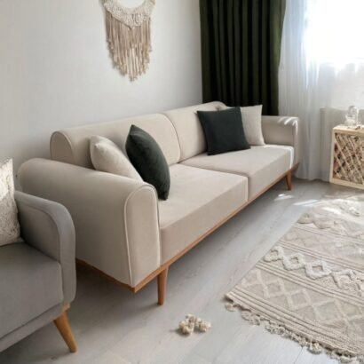 كنبة 3 مقعد خشب زان 200 سم بقماش قطيفة بيج