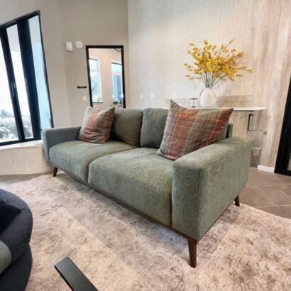 كنبة 3 مقعد خشب زان 200 سم بقماش كتان رمادي