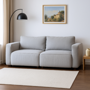 كنبة 2 مقعد خشب زان 180 سم بقماش كتان رمادي فاتح