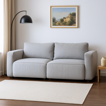 كنبة 2 مقعد خشب زان 180 سم بقماش كتان رمادي فاتح