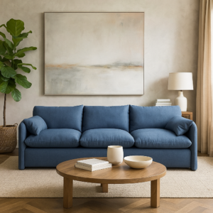 كنبة 3 مقاعد خشب زان 240 سم بقماش كتان أزرق