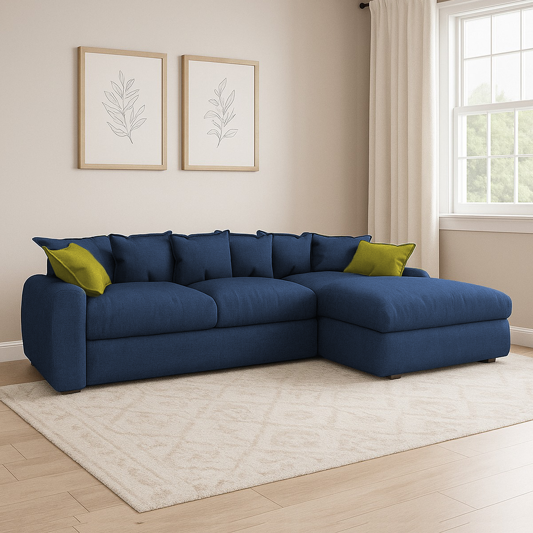 cou5+ ركنة خشب زان مودرن مقاس 300 سم × 175 سم – قماش كتان لون أزرق